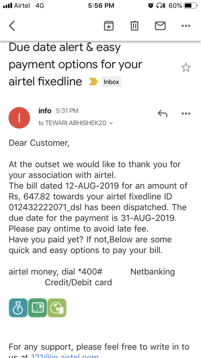 abhishek tewari (@tewariabhishek) on Twitter photo <a href="/airtelindia/">airtel India</a> very surprised to see my landline/internet bill being generated, despite of the fact I had cleared all outstanding & asked the ur team to discontinue the connection since moved out of India. Will guys do something and stop this fraudulent activity at ur end. <a href="/airtelindia/">airtel India</a> very surprised to see my landline/internet bill being generated, despite of the fact I had cleared all outstanding & asked the ur team to discontinue the connection since moved out of India. Will guys do something and stop this fraudulent activity at ur end.