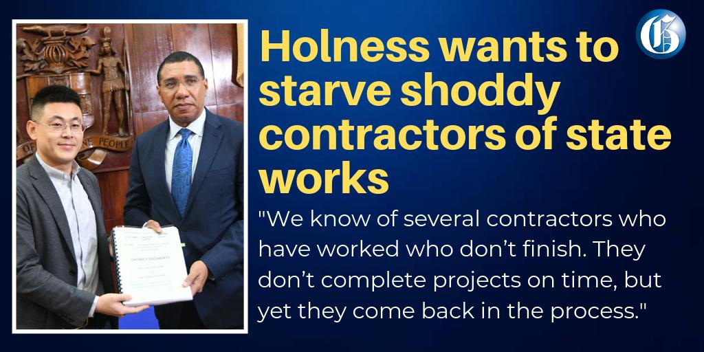 JamaicaGleaner's tweet photo. For years, local contractors have got away with subpar work at high cost overruns on state projects. However, if Prime Minister Andrew Holness has his way, those days will soon be a thing of the past. Read more here: https://t.co/wJ837NzmHr #GLNRToday https://t.co/kbZiznkjh7