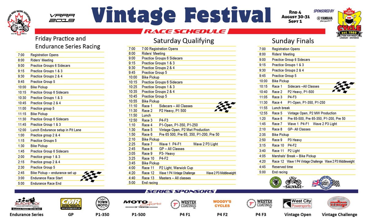 SRAEast's tweet photo. For everyone interested in coming out to #CTMP this weekend to check out the racing, here is the schedule!
Please note: the Sidecar race Saturday both and Sunday takes place early in the day! So get there early to catch all the action!
#srasidecars #sidecarracing #hbcycle #vrra https://t.co/wDUyEvPszf