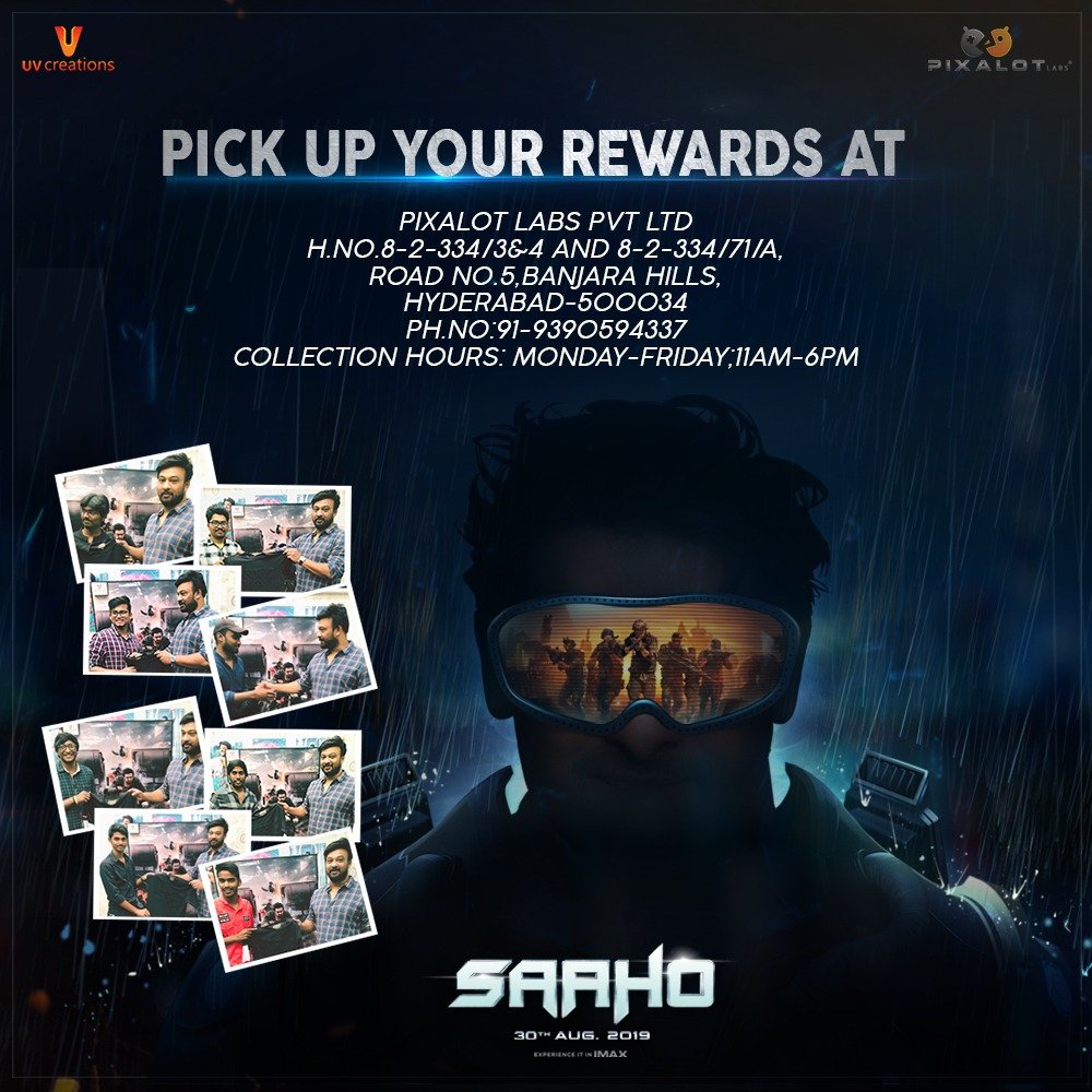 PixalotLabs's tweet photo. Congratulations to all the winners of #SaahoTheGame. We've started sending out the rewards but you can get it sooner by collecting it personally from the address mentioned in the picture, by displaying your reward screen on your mobile, during collection https://t.co/zT6kCdwm8i