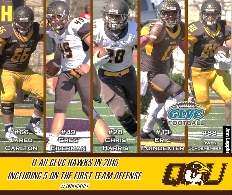 QUHawksFootball's tweet photo. The 2015 season brought 11 All-GLVC Hawk's, including 5 First Team All-GLVC Hawks on Offense on this countdown to #QUKICKOFF. These guys all played a vital roll in getting us to where we are today! #PEWAV #FFF #RIGHTNOW https://t.co/MmYw7MQsy3