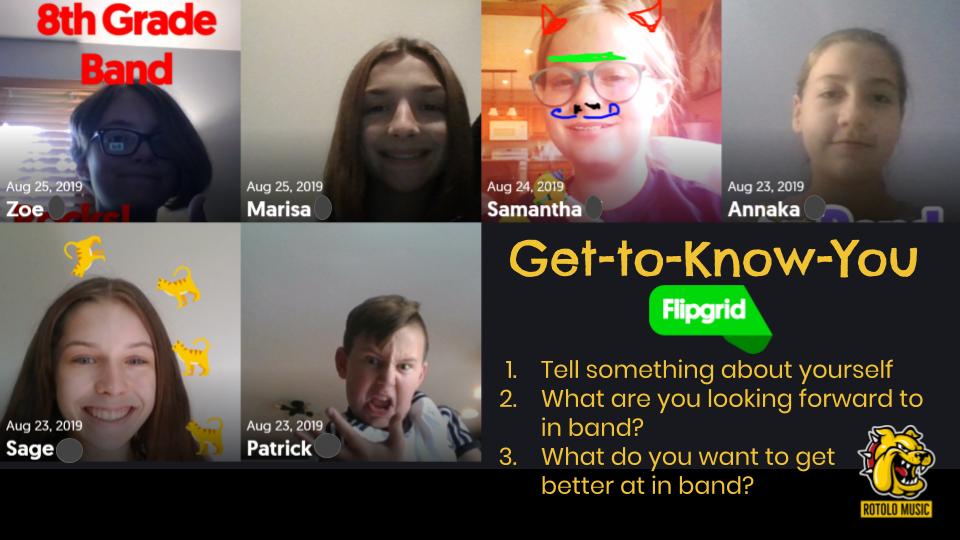 KeithOzsvath's tweet photo. I love getting to know my band students with @Flipgrid! I learned SO much in their 2-min videos📺. It was simple...answer 3 questions. **BONUS if you include your pet🐕 in your video https://t.co/TifFRjz97a