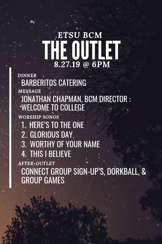 ETSUBCM's tweet photo. Due to the rain, Coffee Cart has moved inside the CPA today! Tonight is also the first Outlet of the school year, come to our building (1012 Seminole Drive) at 6 PM to get FREE Barberitos, hear a great sermon and worship, and sign up for connect groups this semester! https://t.co/wJRw7e19VG