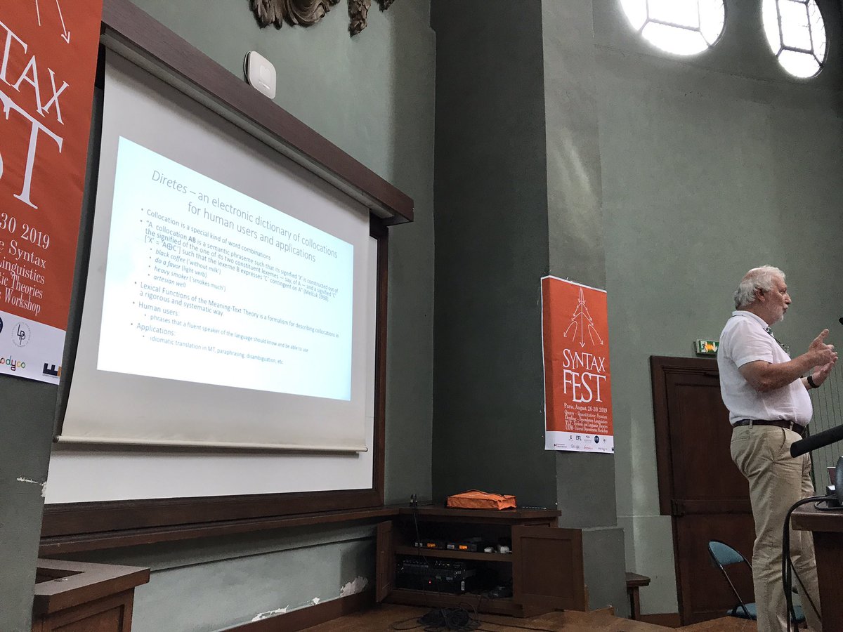 zehavoc's tweet image. Now, switching to the building of an electronic dictionary of collocations, presented by  Igor Boguslavsky, joint work with Maria Auxiliadora Barrios Rodriguez #SyntaxFest2019 #Depling