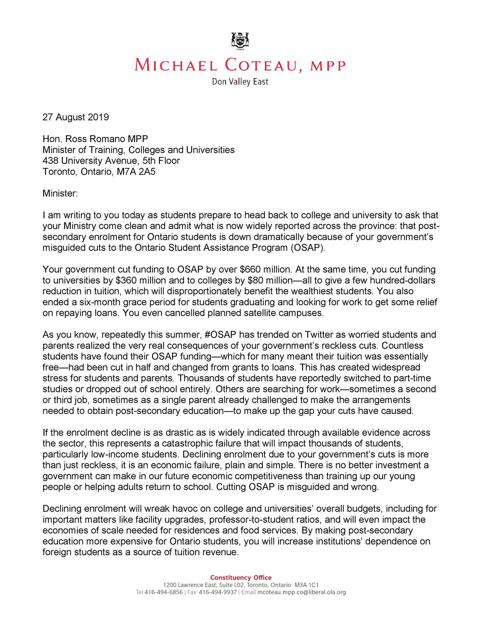 Michael Coteau a Twitteren: "Today, I sent a letter to Minister Michael Coteau a Twitteren: "Today, I sent a letter to Minister