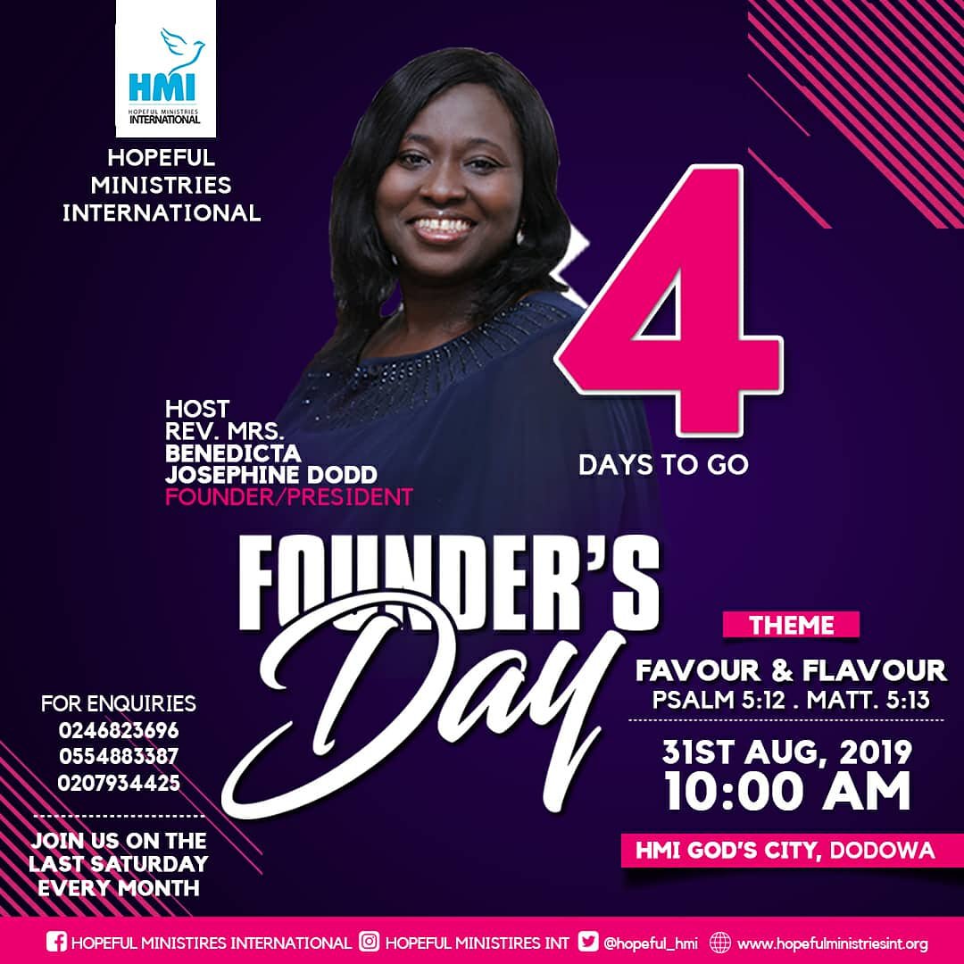 hmidynasty's tweet photo. Woow!!
Miracle service is this Saturday. But this is no ordinary one.
It's Founders day.
All her prayers, counsel, advice and all woooowww. Pls come let's celebrate Rev. Mrs. Dodd
#FoundersDay
#ThisSaturday
#GodsCity
#Dodowa
#10amSharp
#4DaysMore
Be Thereeeeπππππ»ππ»ππ»ππ»ππ» https://t.co/iBq0fUv4Oq