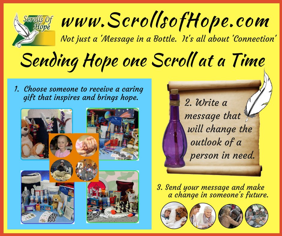 Send someone your #love. 
Take a moment and think about how your words will #MakeADifference in the #life of someone in need. 

ScrollsofHope.com
Not just a #MessageinaBottle
It's all about #Connection

#help #KindnessMatters #CaringHands