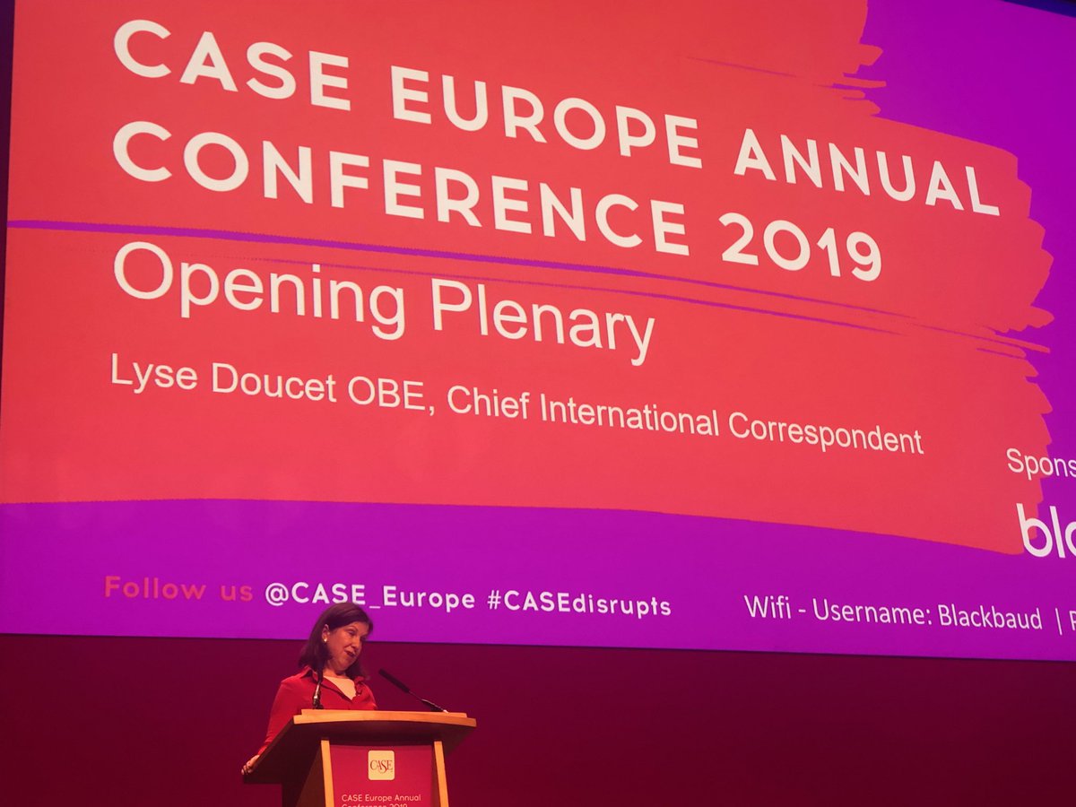 CunninghamCASE's tweet photo. Lyse Doucet OBE brilliantly speaking to the theme of Disruption @CASEAdvance #CASEdisrupts CEAC 2019. ‘We live in a world where everything is changing and nothing is changing’. And ‘education matters the world to us all’. https://t.co/j3JfE3BVQL
