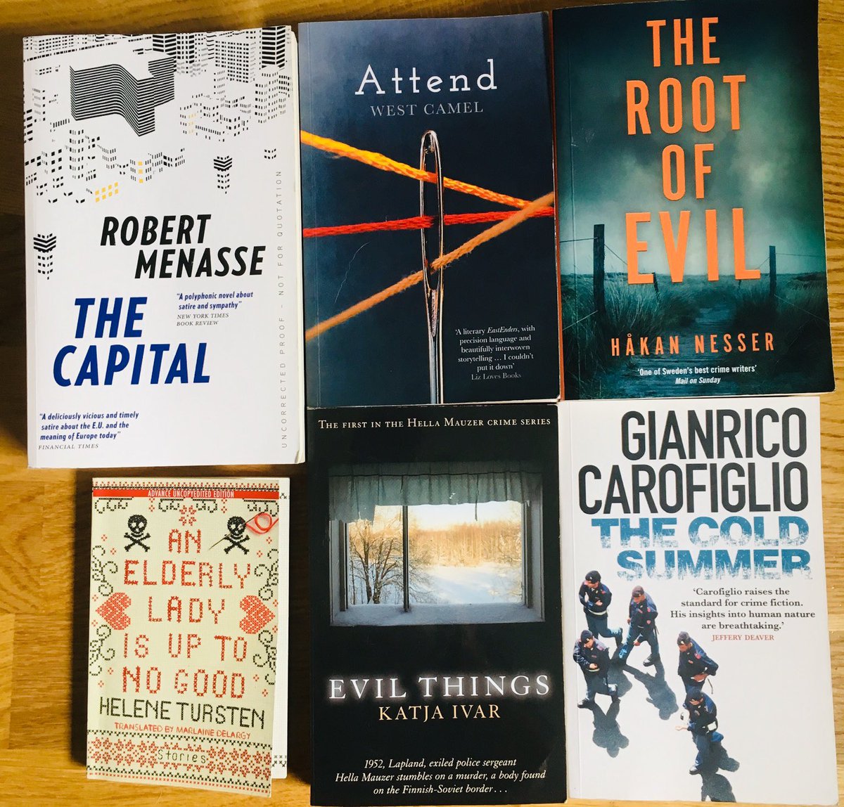 sh_ewa's tweet photo. These excellent books are off to a new home: #RobertMenasse’s #TheCapital tr @jamiebulloch @west_camel’s #Attend #HåkanNesser’s #TheRootOfEvil #HeleneTursten’s #AnElderlyLadyIsUpToNoGood @KatjaIvar’s #EvilThings @GianricoCarof’s #TheColdSummer https://t.co/fYfaxqwvfT