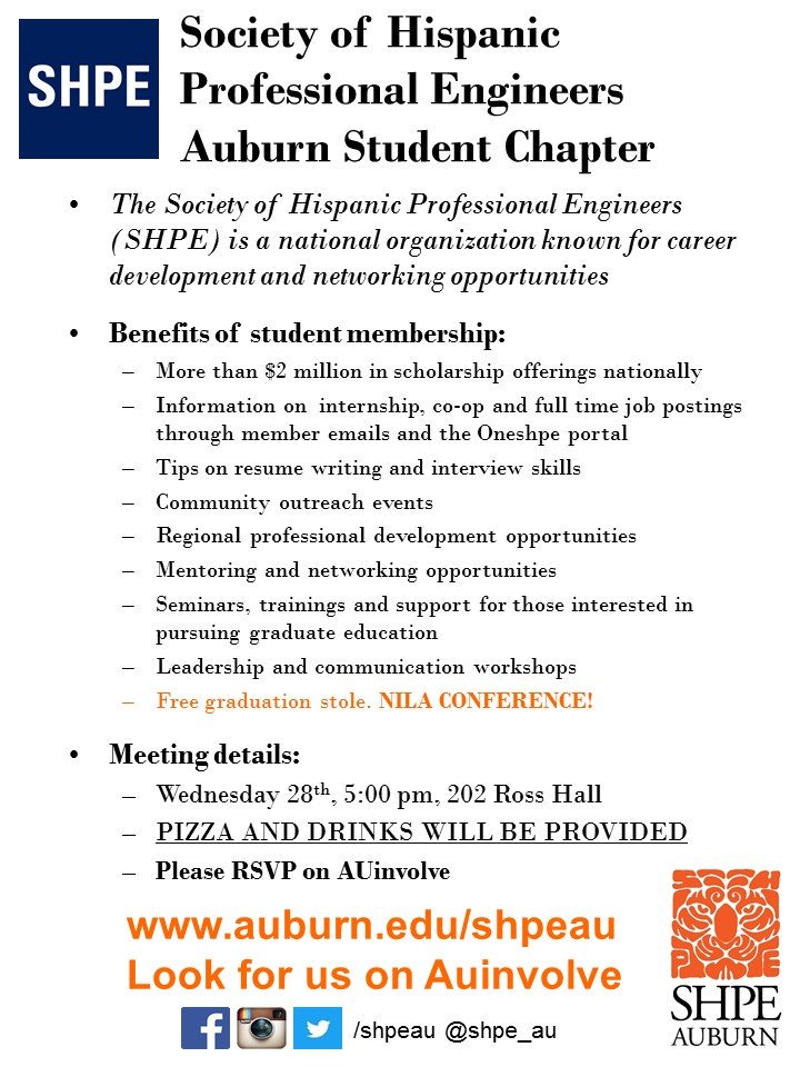 shpe_au's tweet photo. Welcome Fall Semester @AuburnU @AUGradSchool @AuburnEngineers 
We will have our General Meeting Tomorrow!!
(Wednesday 8-27-2019, 5pm, 202 Ross Hall)

FREE PIZZA AND DRINKS!!

RSVP here:
https://t.co/mhvvk3p51l https://t.co/7yTaG0Pvg4