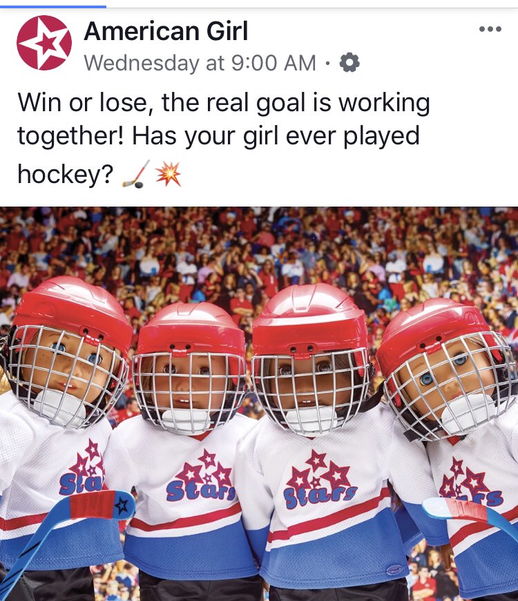 cyagirlshockey's tweet photo. We are loving that the new American Girl Dolls are looking fierce wearing their #redhelmets and Red star uniforms.  Looks very very familiar.   😜😜😜😜 
#CYAuniforms
#redhelmetsrock https://t.co/IKQuXedPu1