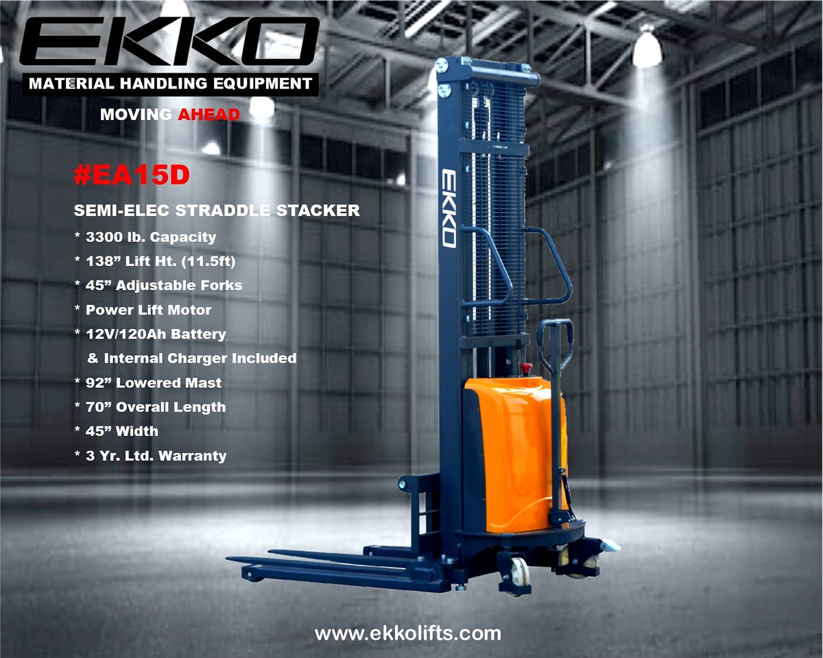 EKKOlifts's tweet photo. #EA15D Semi-electric Straddle Stacker is great for narrow aisles, tight spaces, unloading trucks. Able to lift up to 3300 lb. and up to 138". https://t.co/WHEJyJileT #materialhandling #materialhandlingequipment #palletjack #ekkolifts #ekko #forklift #lifttruck #forklifts #3pl https://t.co/gcepFOUlI5