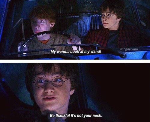 PotterWorldUK's tweet photo. Ron: “My wand... Look at my wand.”
Harry: “Be thankful it's not your neck.” https://t.co/ywvxTei1NC