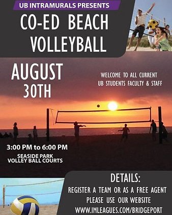 UB_Intramurals's tweet photo. Sign Ups ✍🏻 have started for our first Co- Ed Tournament of the year!!! What better way to get out, meet new people, &amp; be by the BEACH🕶️⛱️!!!! #ubintramurals 
.
.
Questions? Contact Mikayla Place @
miplace@bridgeport.edu https://t.co/2TCdNAZ9nn