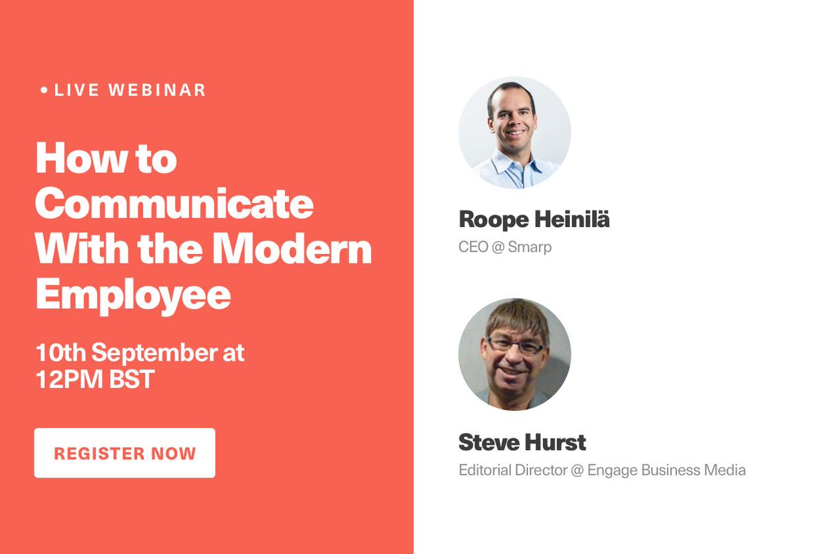haiilo_company's tweet photo. 📢 #WEBINAR ALERT! 📢@Smarp CEO @roopehe along with @EngageCustomers is hosting a webinar 'How to communicate with the modern employee!' 💥 on Tuesday, 10th September at 12PM BST! Sign up now!👇
https://t.co/jzMj2eMjoD

 #EngagedEmployee #EmployeeAdvocacy #InternalComms https://t.co/CKZhSiJ0s6