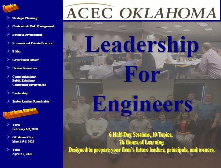ACECOKLAHOMA's tweet photo. Nominations now being accepted for Class #11 of ACEC OKLAHOMA's Leadership For Engineers.  Full information and nomination form can be found here:  https://t.co/oUfxDlpWMW…

#engineeringoklahomasfuture https://t.co/O3paS6HVx1