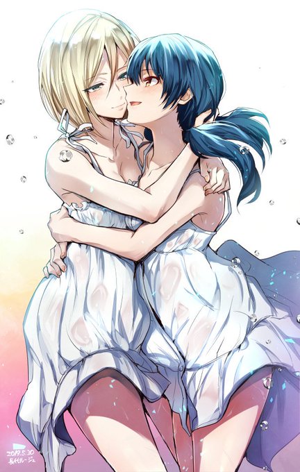 私のオリジナル百合単行本『イヴとイヴ』が発売から一年&英語版も出た記念に勝手に描いたイラスト🧡💙 