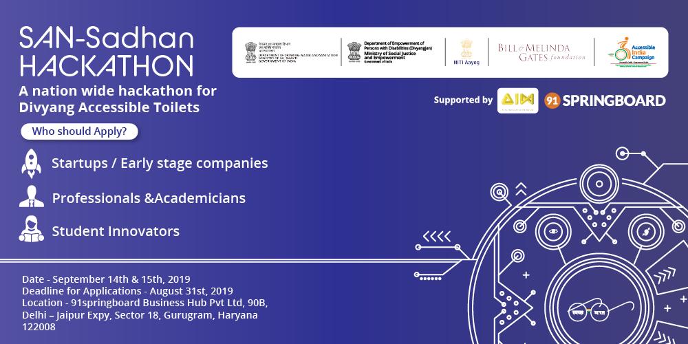 91springboard's tweet photo. The San-Sadhan hackathon invites innovators to create affordable solutions for Divyang Accessible toilets. So apply now for cash rewards and pilot opportunities on: https://t.co/IgVlhTL4Mc 

#HackForAccessibility #HackForSanitation #BuildForAll #SanHack https://t.co/DxIrYROLiH