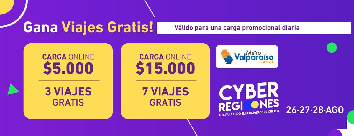 EFEValparaiso's tweet photo. ¿Aún no aprovechas esta promoción? En este #CyberRegiones recarga tu #Metroval vía web o por nuestra app y gana viajes gratis😎 ¡Apúrate, promoción válida hasta el 28 de agosto 👉https://t.co/zp7Fgk5pza https://t.co/zJYBWVMV2i
