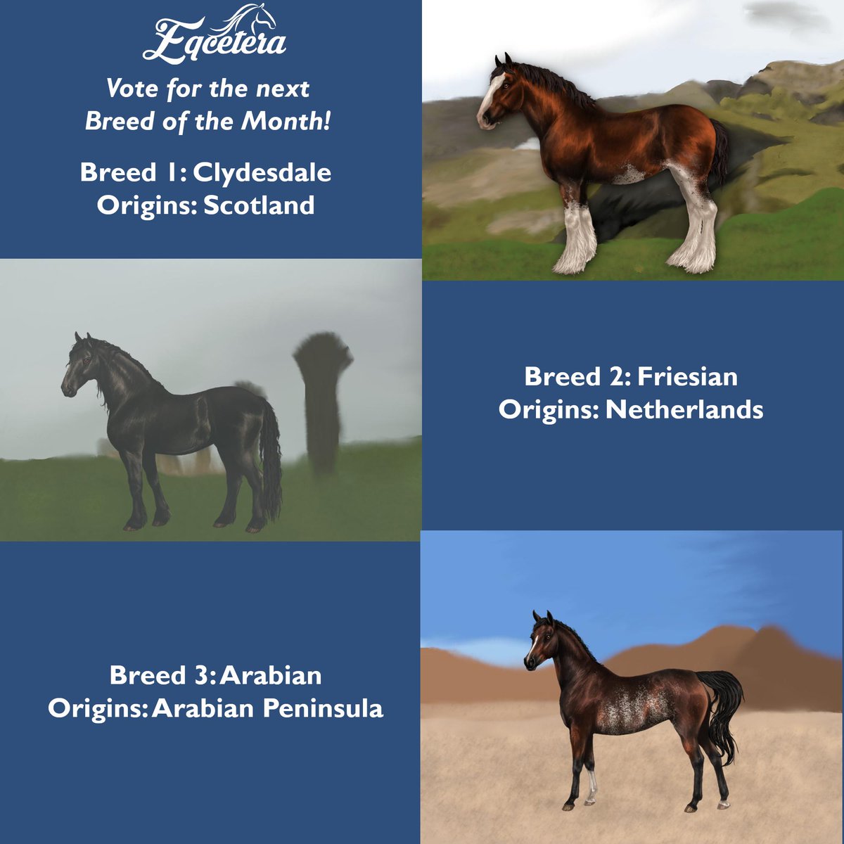 EqceteraGame's tweet photo. Who will the next months Breed of the Month!? Cast your vote and let us know. Voting ends on August 31st!
#EqceteraGame #Equestrian #HorseGenetics #HorseBreeding #HorseCompetition #community #BreedOfTheMonth #Clydesdale #Friesian #Arabian #Vote https://t.co/EOuM2Vs988