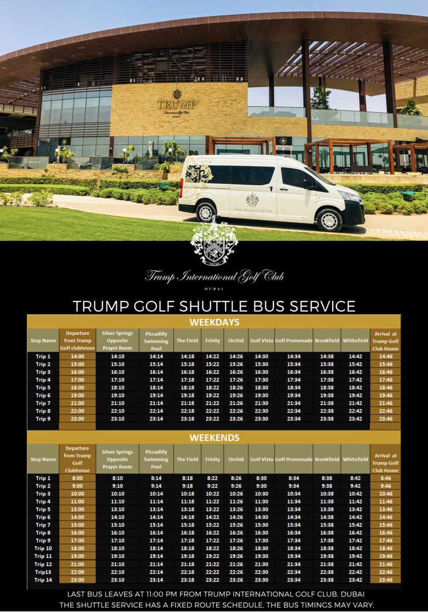 TrumpGolfDubai's tweet photo. Damac Hills Residents now have the opportunity to avail of the complimentary Trump shuttle bus service within the community. Find out the timings below.

@DAMACOfficial  #stokehouse #trumpgolfdubai #busservice #damachills https://t.co/U4nev5nlKk
