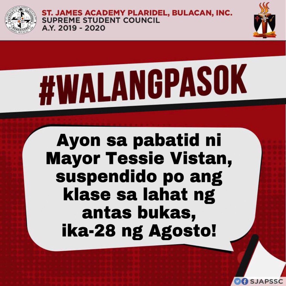 SJAPSSC's tweet photo. 📣 "Tropical Storm Jenny" bukas AGOSTO 28, 2019 suspendido ang klase sa lahat ng antas! 🙂

📣 at para naman sa inyong pag eensayo para sa Buwan ng Wika, kayo ay makipag ugnayan sainyong mga gurong taga payo tungkol dito 🙂 

Manatiling ligtas, Jameans! ❤️🖤 https://t.co/2G6W1VrX5U