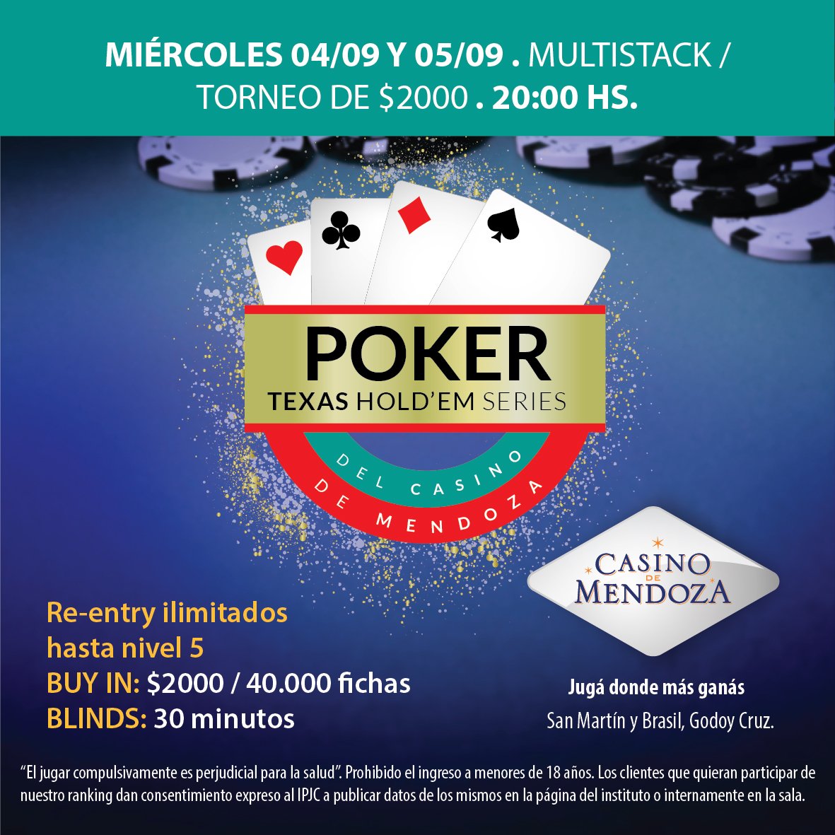 CasinodeMendoza's tweet photo. #Poker #Miércoles 04/09 y #Jueves 05/09 – 20 horas

#Torneo #Multistack $2000

Para más información escribir a casinodemendoza.texas@gmail.com o llamar al 2616727461.
San Martín y Brasil - Godoy Cruz https://t.co/0fu1DKtEJo