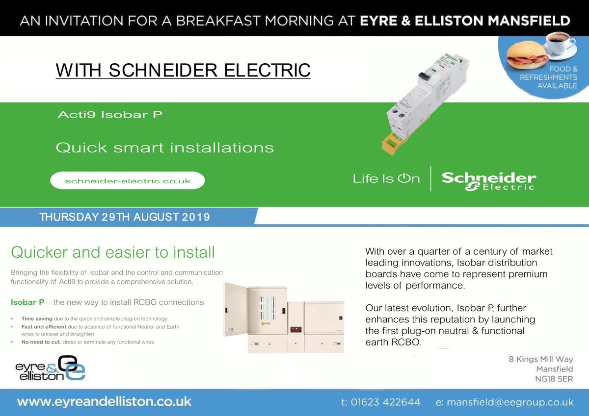 eyreelliston's tweet photo. Eyre & Elliston Mansfield are holding a breakfast morning with Schneider Electric on Thursday 29th August!
Pop into Mansfield or call them for more details 01623 422644.
https://t.co/E25Lp8RTGm
#eegroup #breakfastmorning #sparky #mansfield #SchneiderElectric https://t.co/w8aGKVdxIx