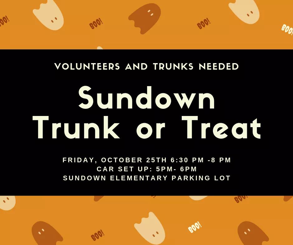 📣VOLUNTEERS &amp; TRUNKS NEEDED📣

There is no fee to participate!
Be creative and decorate your trunk, bring some candy and come in costume 👻🍬

To reserve your trunk or to volunteer visit👇:
tinyurl.com/suntrunkortreat
<a href="/FriendofSundown/">Friends of Sundown</a> <a href="/Sundown_e/">Sundown Elementary</a>