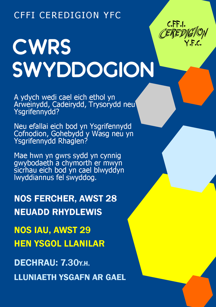 CeredigionYFC's tweet photo. Cwrs Swyddogion Newydd!

Nos Fercher - Neuadd Rhydlewis 7.30yh
Nos Iau - Hen Ysgol Llanilar 7.30yh

Bydd cyfle i arweinyddion gwblhau cais DBS - 
bydd angen cyflwyno dau math o ID e.e. Passport, Trwydded Gyrru neu Tystysgrif Geni ac un math o Proof of Address e.e. Utility Bill. https://t.co/MxKZ6a1e6B