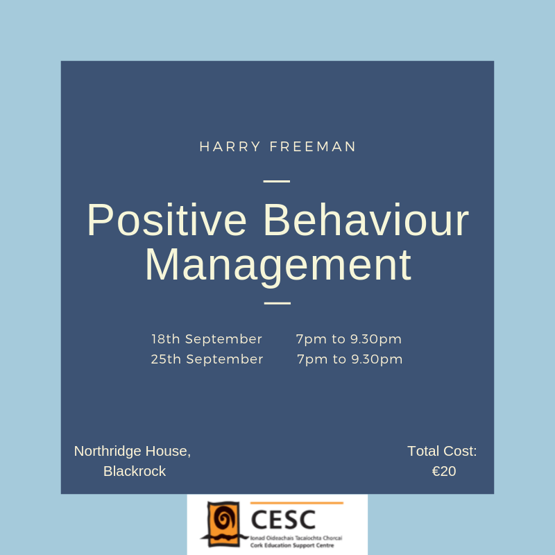 Positive Behaviour Management with Harry Freeman.
This course will take place in Northridge House, Blackrock on September 18th and 25th.

cesc.ie/cpd-courses/po…