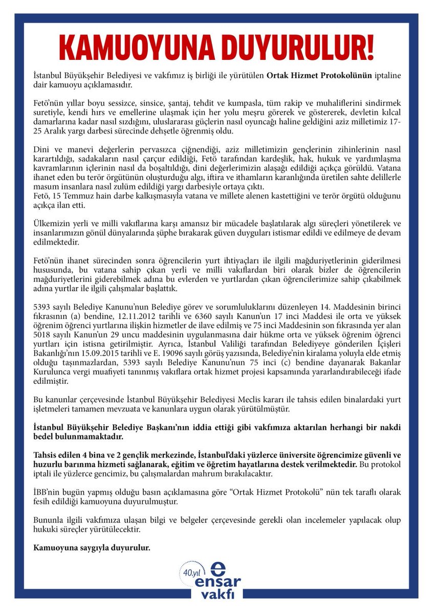 İstanbul Büyükşehir Belediyesi ve vakfımız iş birliği ile yürütülen "Ortak Hizmet Protokolünün" iptaline dair kamuoyu açıklamasıdır.