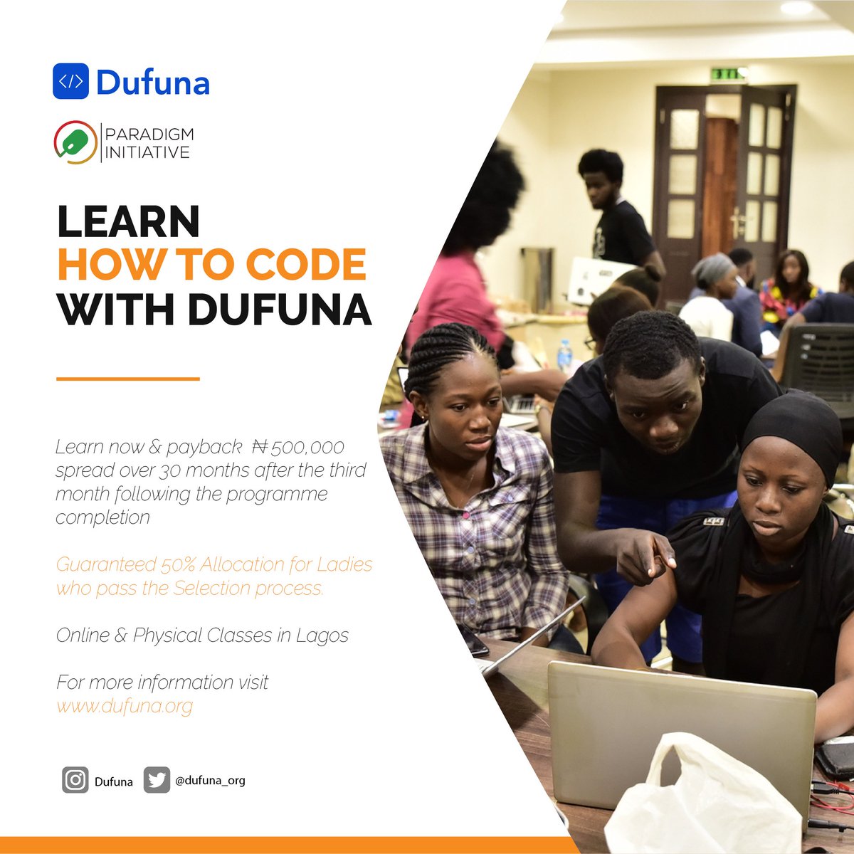 ParadigmHQ's tweet photo. Apply for #DufunaCodeCamp! 

The Code Camp is a software training collaboration between @ParadigmHQ and @dufuna_org.

It will be a hands-on, project-centric, software engineering training in Lagos,  for recent graduates and NYSC corps members

https://t.co/uovhYiHFQw https://t.co/Nd1PRBSX6L