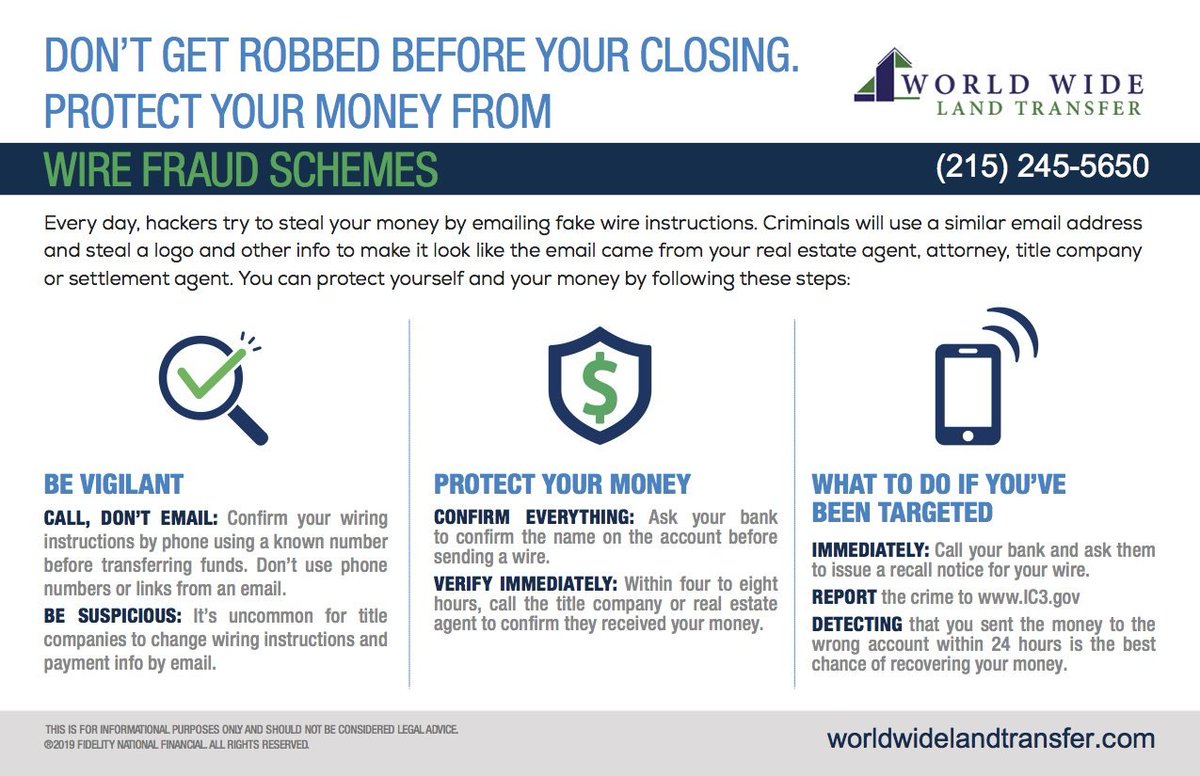 WWLandTransfer's tweet photo. Hello all real estate buyers! It is the end of the month, the predators are numerous....be vigilant, confirm verbally and stay cautious! #wirefraud #wwlt #titleinsurance #protectyourmoney https://t.co/mxX22DghP3