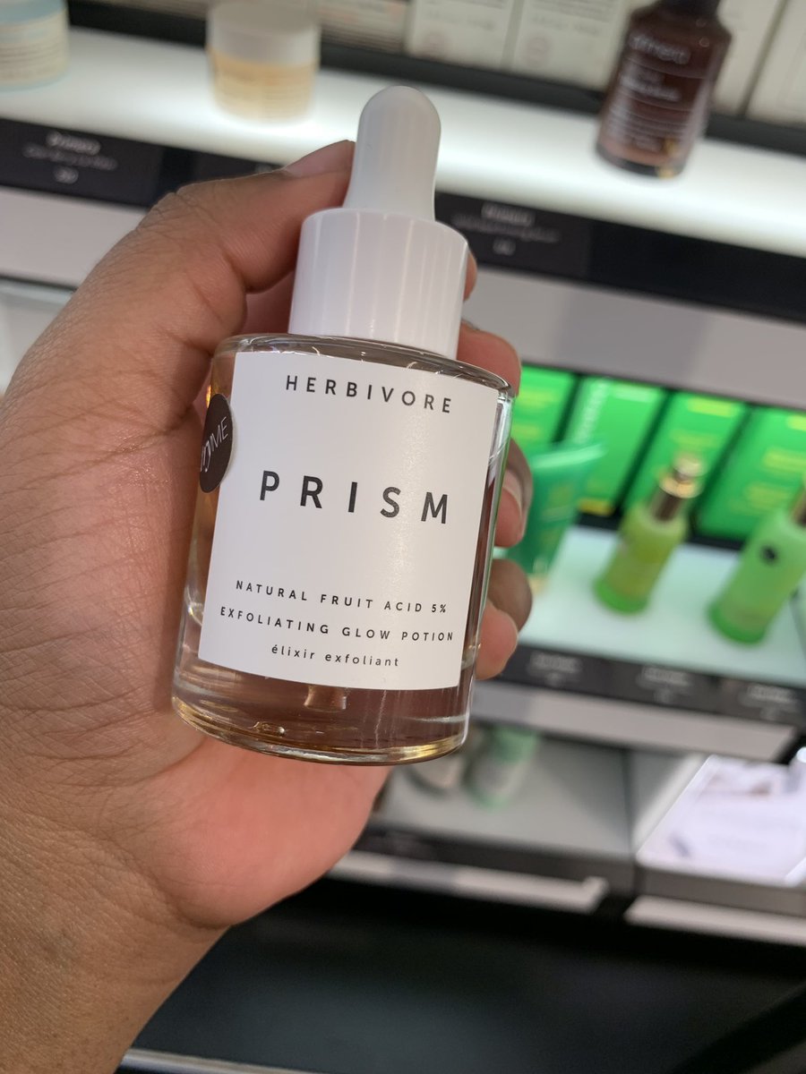 Herbivore Prism. $62. Malic, lactic, glycolic, and citric acids. As well as willow bark which is a natural salicylic acid. And aloe vera + sodium hyaluronate to hydrate. A very gentle exfoliating serum. Safe for all skin types. Best if you have hyperpigmentation or dullness.