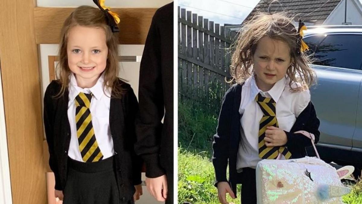 20m's tweet photo. La foto del antes y el después del primer día de cole de una niña que se ha vuelto viral https://t.co/zrjqjiS7sh https://t.co/at8wUW2aAP