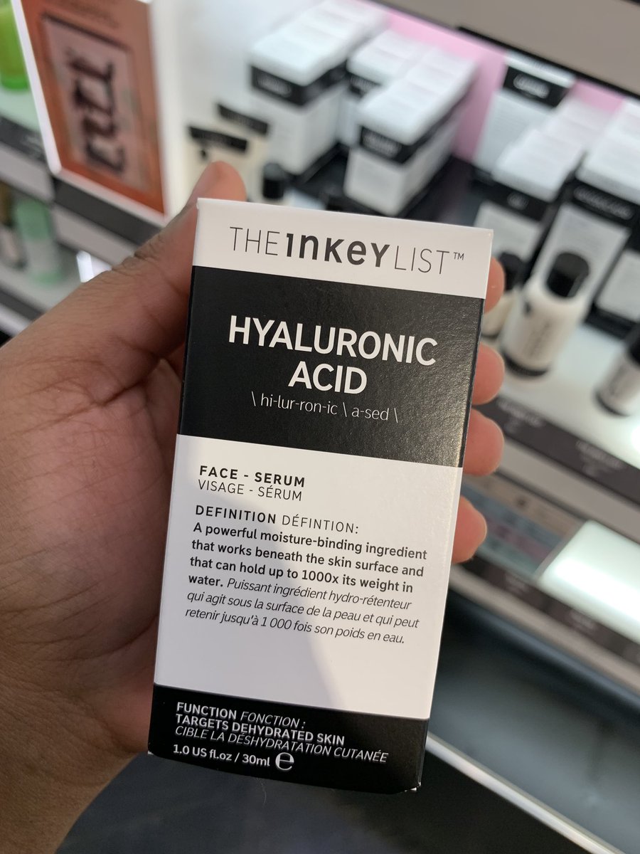 The Inkey List Hyaluronic Acid. $7.99.Propanediol, sodium hyaluronate, Glycerin, butylene glycol, and peptides. Great for oily, acne prone, dehydrated, and mature skin types. I just wish the bottle was bigger. You’ll run through this really quick, but it’s affordable.