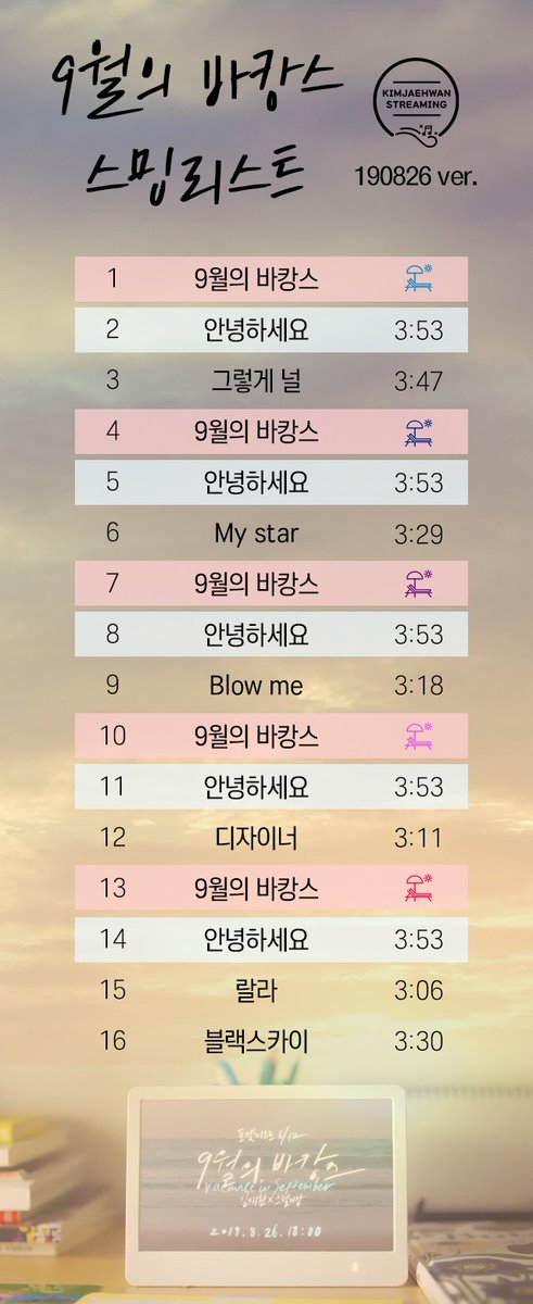 KIMJAEHWAN_strm's tweet photo. ⛱9월의 바캉스⛱가 추가된 권장 스밍리스트

2019.08.26 18:00

✔음원 발매 후 할일
- 스밍리스트 만들기
- 하트 누르기 
- 좋은 댓글 쓰기
- 음원 다운로드
- 선물 총공 참여

#김재환 #KIMJAEHWAN #포켓리스트 #9월의바캉스 #구바 #8월26일 https://t.co/L1FmPKE6fm