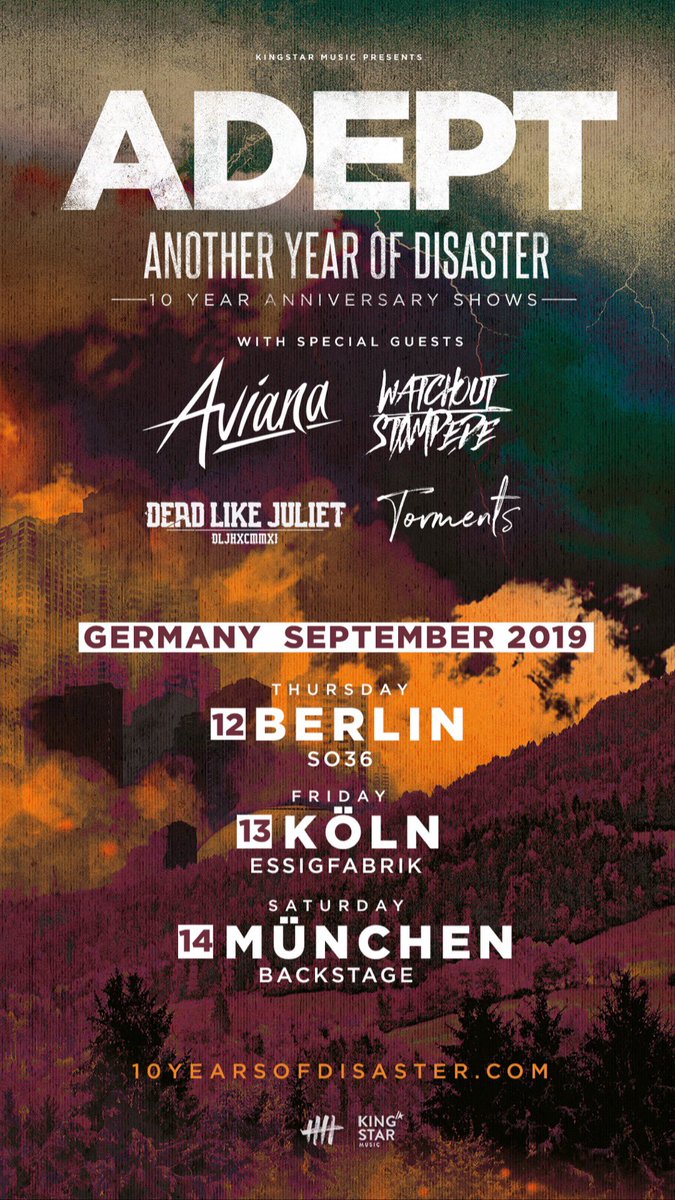 Tormentsband's tweet photo. > TOUR ANNOUNCEMENT <

GERMANY

We will be joining forces with AVIANA, Dead Like Juliet and Watch Out Stampede for Adepts 10 Year Anniversary of Another Year of Disaster!

12/9 - BERLIN, SO36
13/9 - KÖLN, Essigfabrik
14/9 - MÜNICH, Backstage https://t.co/WUsc0QENje