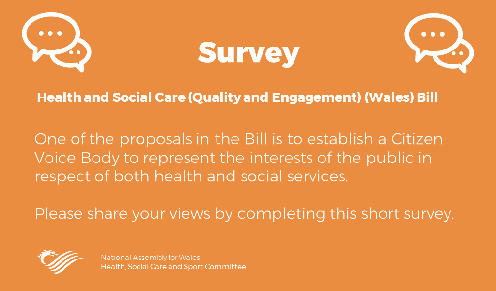 seneddhealth's tweet photo. SURVEY! As part of @seneddhealth’s scrutiny of the Health and Social Care (Quality and Engagement) (Wales) Bill, the Committee is conducting a short survey on the proposal to create a new Citizen Voice Body.  Please share your views here: https://t.co/8oNwKRJxfX https://t.co/NRtLyWg5RI