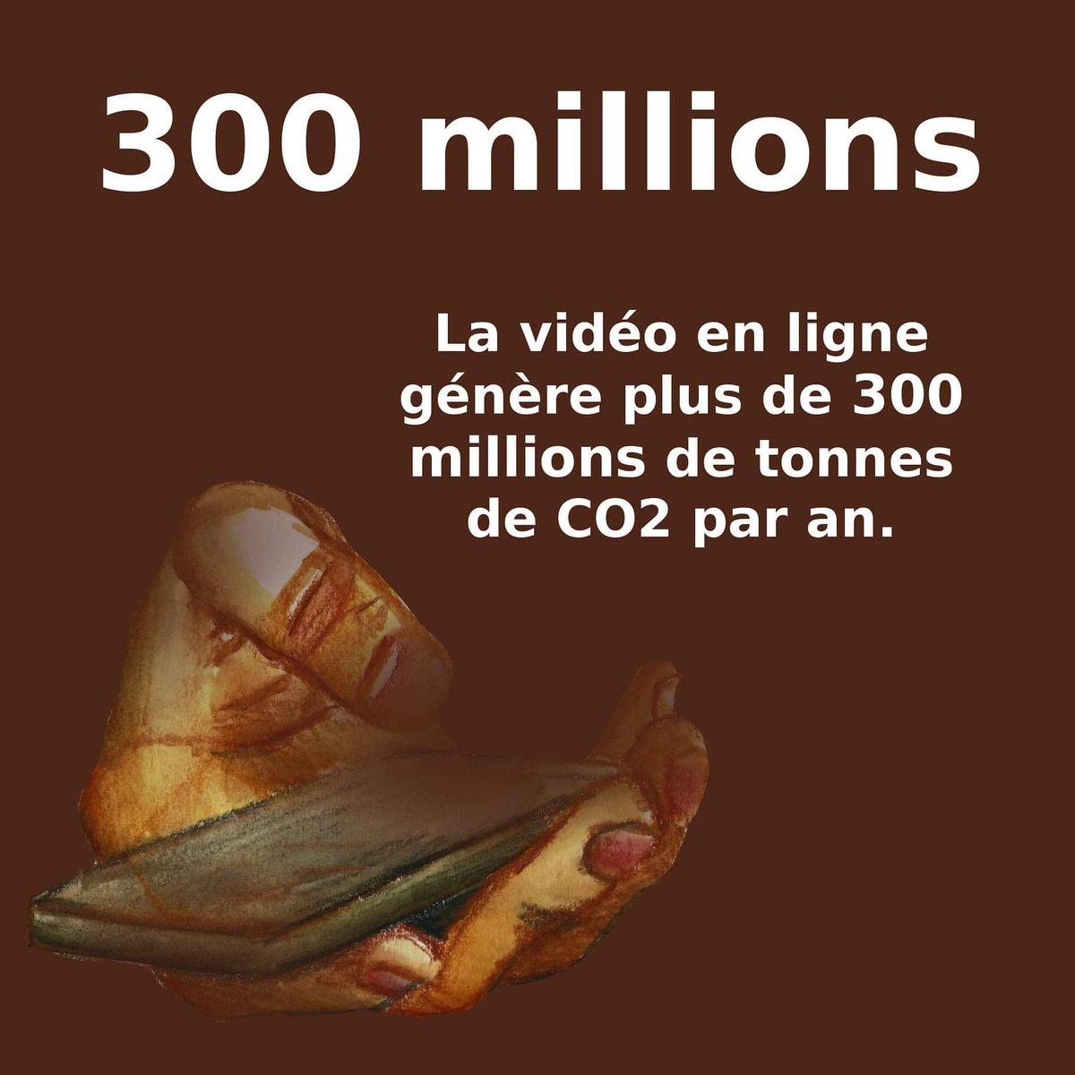ClimatGreve's tweet photo. 300 millions c’est le nombre de tonnes de CO2 par an qu’émettent les vidéos en ligne. La pollution numérique représente 2%  des gaz à effet de serre au niveau mondial. Donc visionner un film, faire une recherche sur Google, envoyer un e-mail... Pollue énormément. https://t.co/EgVIRmDQEE