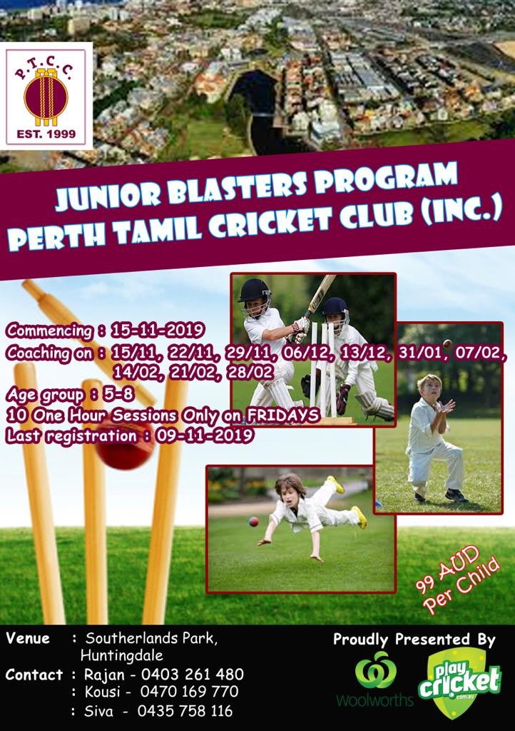 perthtamilcc's tweet photo. Summer is just around the corner and you can enrol your kid to PTCC Junior Blasters this season 2019/20!
#kidscricket #juniorblasters @tweetperth 
Click on the following link to register your kid,
https://t.co/dykubyLsr7 https://t.co/ALkeVz13cp