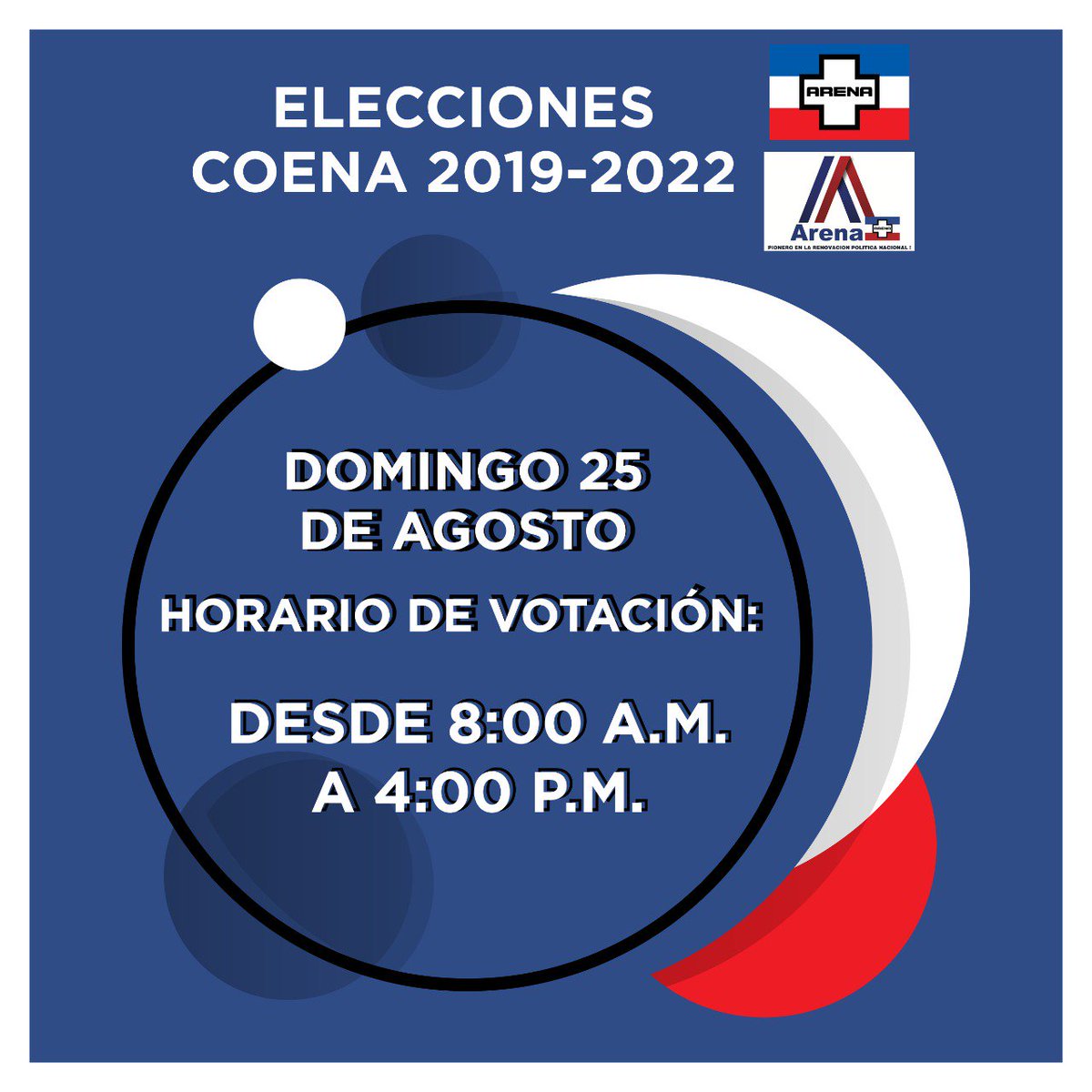 ARENAOFICIAL's tweet photo. ¡¡¡Se llegó el dia, y los nacionalistas estamos listos para votar!!! Recuerde que cada centro de votación abre a las 8:00 a.m. ¡Presente por la Patria! 🔵⚪🔴
#ARENAEstáPresente #Internas2019 #PXLP https://t.co/Br5KkmF0ea