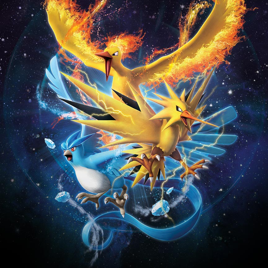 Arte oficial de Articuno, Zapdos y Moltres de la colección Destinos Ocultos...