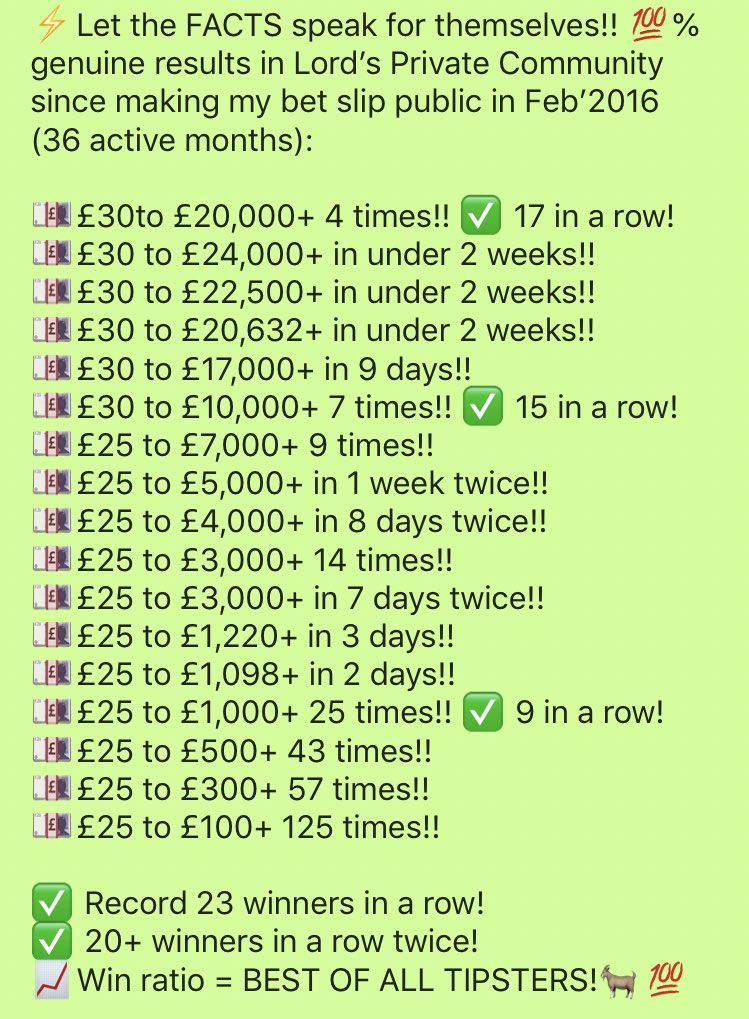 LordFootyTipz's tweet image. 💰💰💰💰💰💰💰💰💰💰💰
£25 &amp;gt; £500.00+ SMASHED for the 43rd TIME in just 36 MONTHS!!
💰💰💰💰💰💰💰💰💰💰💰

CURRENT RUN 8/8 💯% this wkend!
✅✅✅✅✅✅✅✅

⚡️£25 &amp;gt; £382.73 &amp;gt; £574.08
♥️£25 &amp;gt; £212.63 &amp;gt; £318.94 (Risk3)
💷💷💷💷💷💷💷💷💷

🚨VIP &amp;gt; STOP MISSING OUT!!🚨
@LordFootyVIP