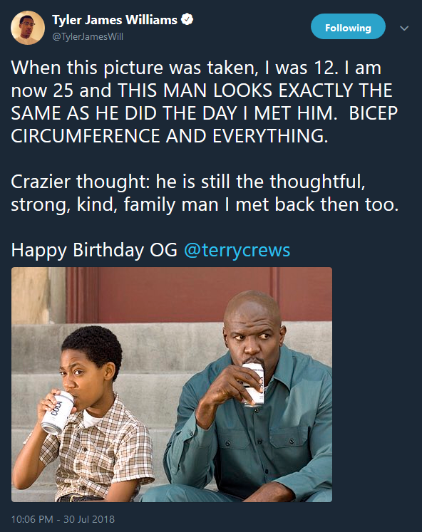 Tyler James Williams wishes Terry Crews happy birthday. 