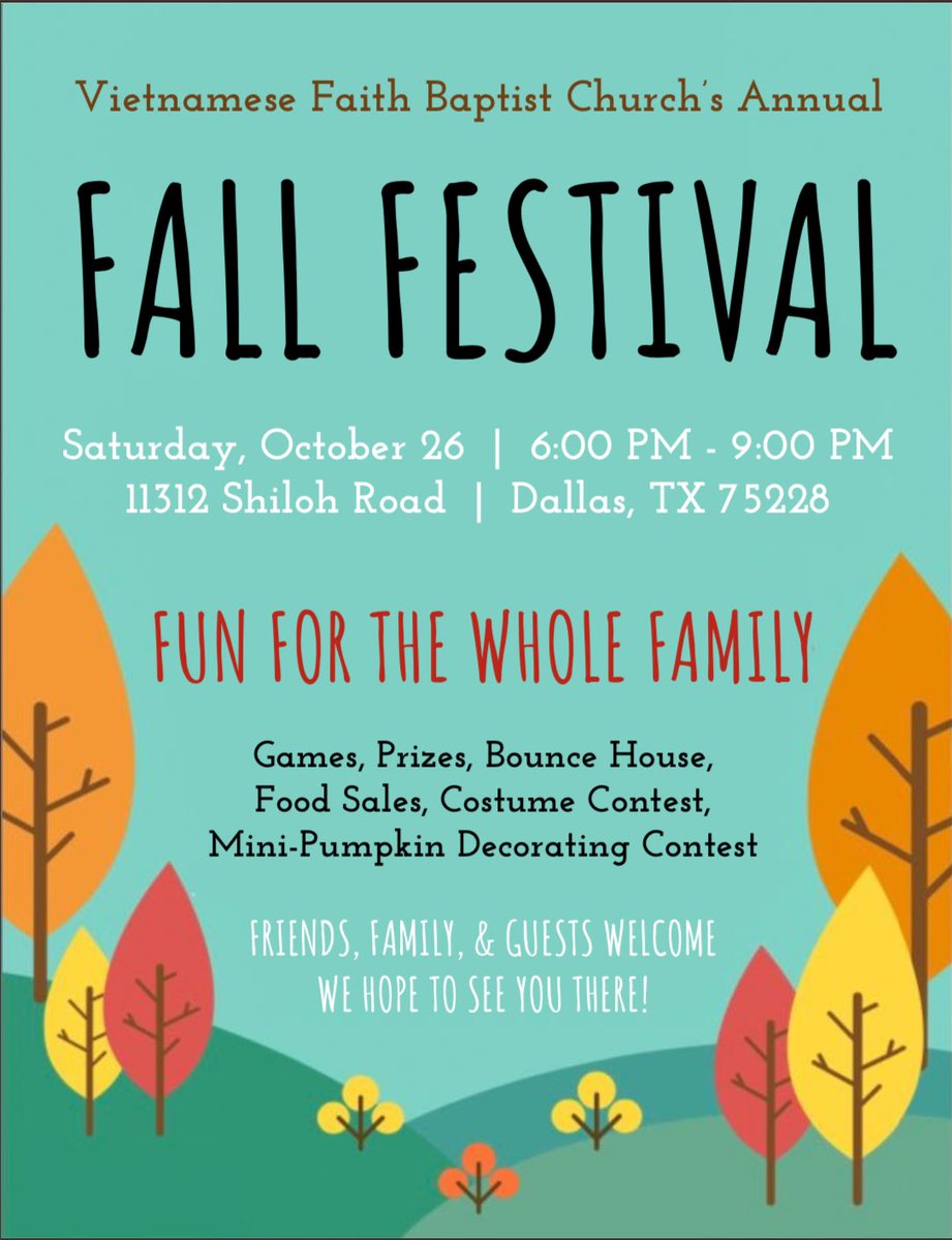 VFBChurch's tweet photo. Fall Fest is on the last weekend of October at VFBC. Bring your family and friends - we can’t wait to see you!

If you would like to volunteer to host an activity booth, please contact Ngan. https://t.co/T9CppAQbmp