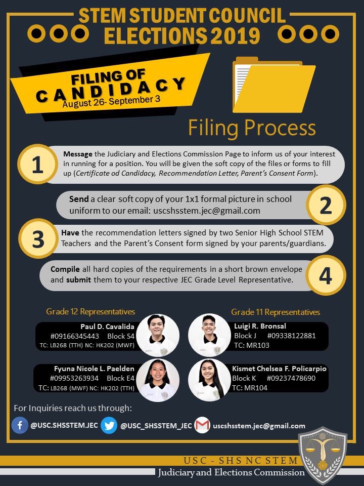 USC_SHSSTEM_JEC's tweet photo. It's now time to TAKE THE LEAD !!! 

Calling all potential leaders from STEM!
You can now start filing for candidacy and let your party be accredited. See further details on this post. Deadline for the submission of requirements will be on September 3. https://t.co/ExDU7TArzh