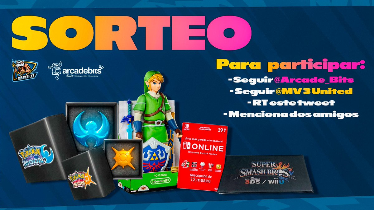 ⚡️[#SORTEO]⚡️

Lote de productos #Nintendo 🎮
- Suscripción online durante 1 año
- Figura Link 50 cm
- Medalla Super Smash Bros
- Pin de Pokémon Sol y Luna

Requisitos:
- Seguir a <a href="/Arcade_Bits/">Arcade Bits</a>
- Seguir a <a href="/MV3United/">Mav3ricks Esports Club</a>
- RT este tweet
- Menciona a dos amigos

Límite: 30 agosto 23:59h