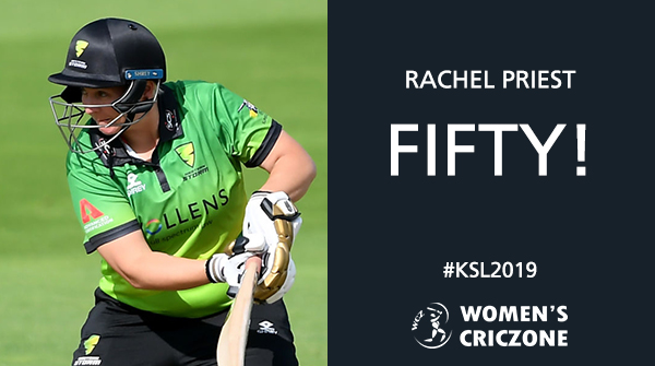 WomensCricZone's tweet photo. @WesternStormKSL @surreycricket Holy fifty!
Rachel Priest storms to her seventh WCSL fifty, third in this season. After Smriti Mandhana's fall, she has scored rapidly and has brought up her half century in just 35 balls. Now to score big.
Storm 73/1 in 9 overs.
#KSL #KSL2019 #SSvWS https://t.co/whKRuYQQL8